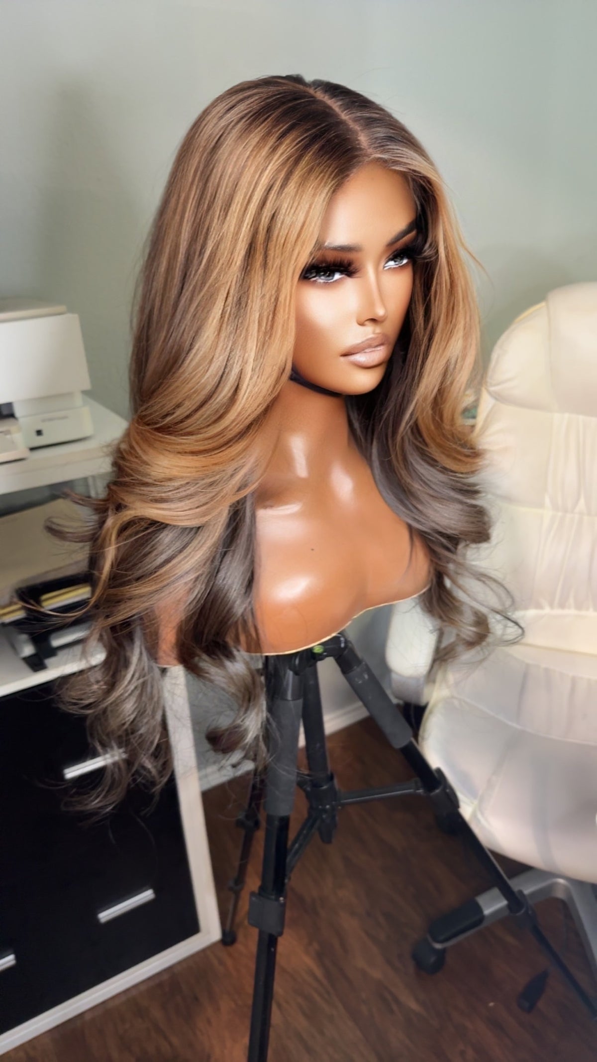 "Amber" Honey Blonde Ombre on Ash Brown Fillipino LAYERED with curtain bangs Lace Wig