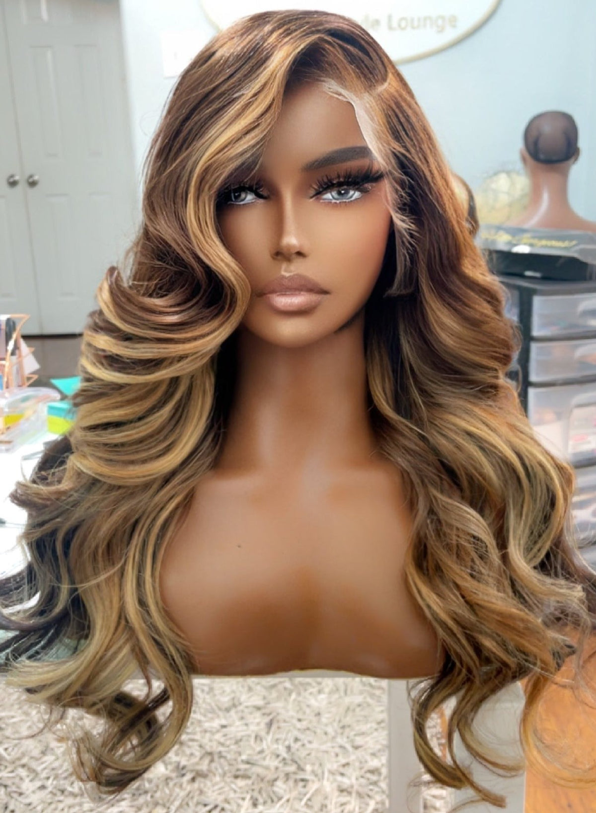 "Charlene" CAMBODIAN Dark Brown with Blonde Highlight GLUELESS HD Lace Wig