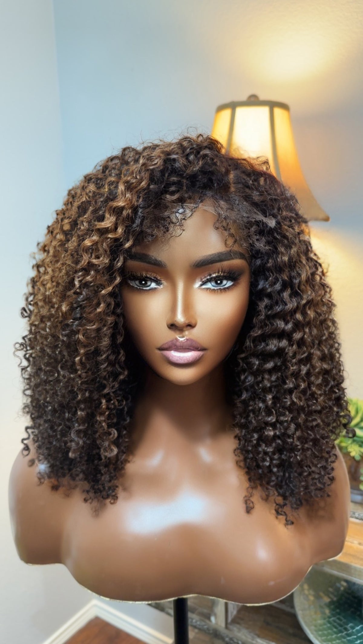 "Faith" Brown Highlighted Afro Kinky Curly with Natural Edges