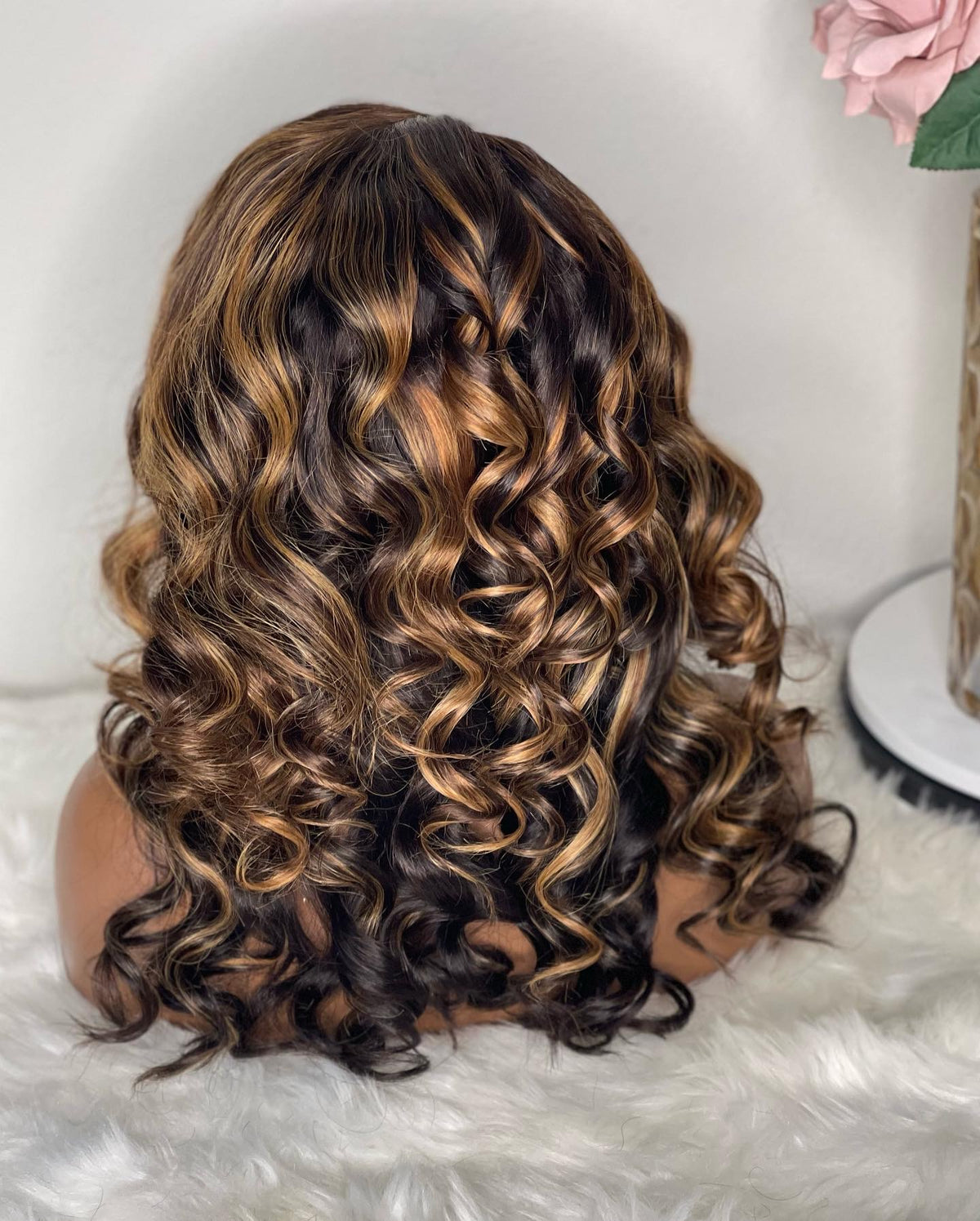 "Asia" CAMBODIAN Dark Brown with Blonde Highlight GLUELESS Lace Wig