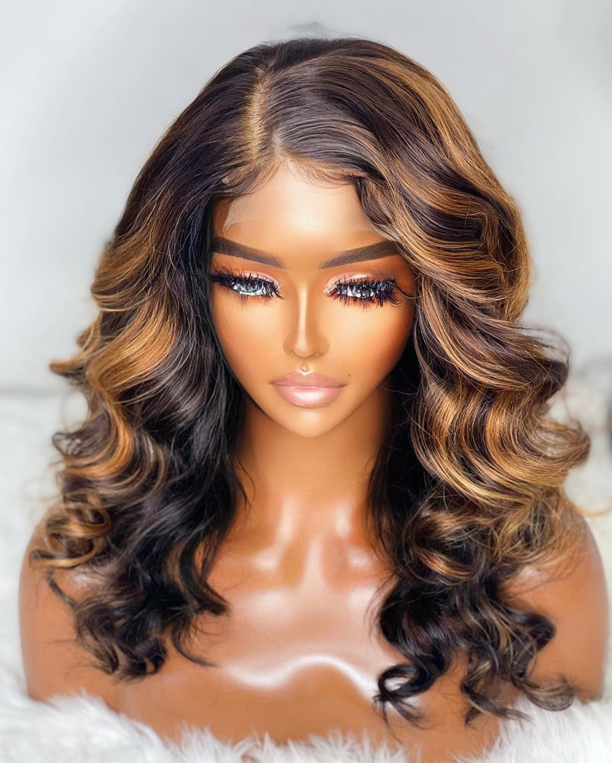 "Asia" CAMBODIAN Dark Brown with Blonde Highlight GLUELESS Lace Wig