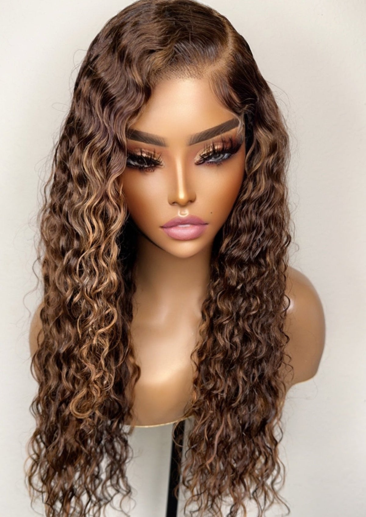 "Venus"  Brown Honey Blonde Highlighted Water Wavy Lace Wig