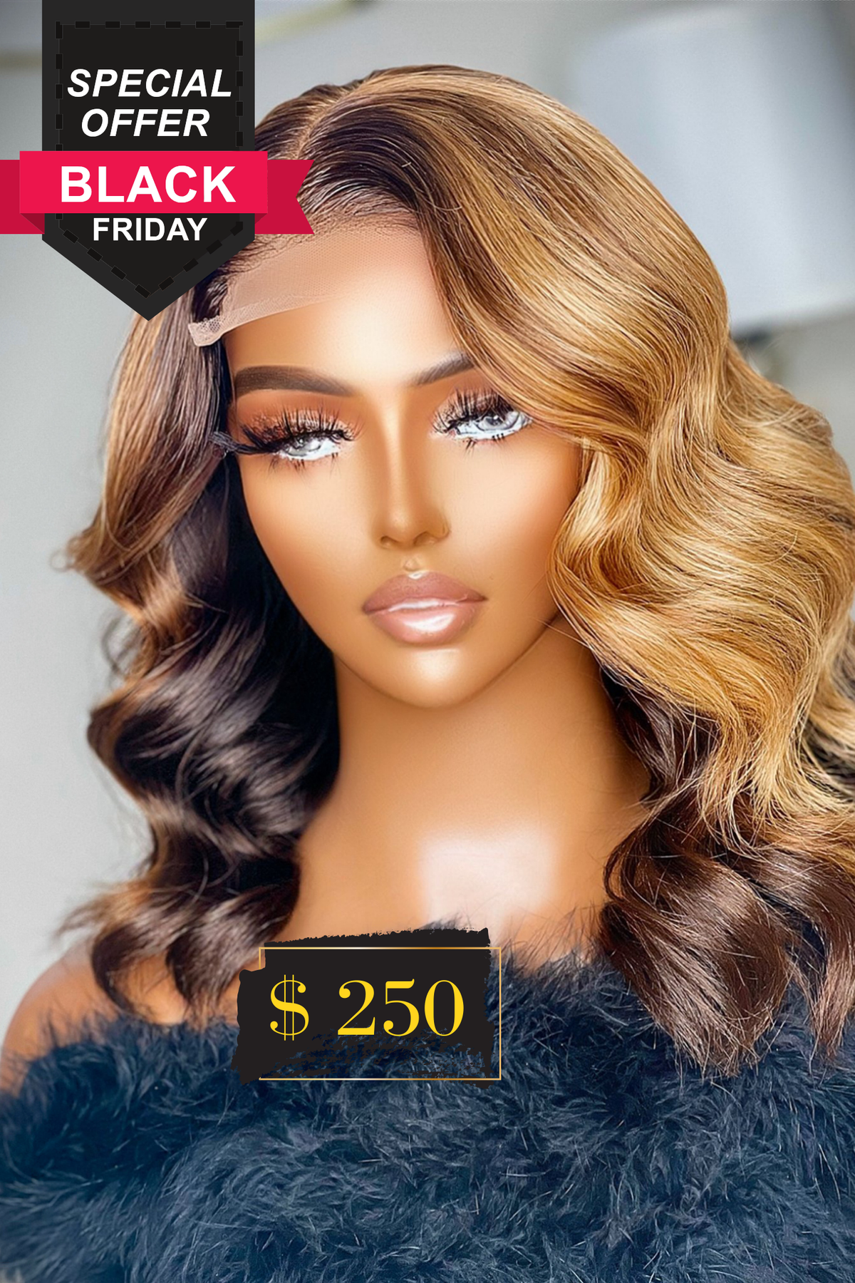 “Lovely” 14”  Cambodian Deep Layered Honey Blonde Ombré Lace Bob