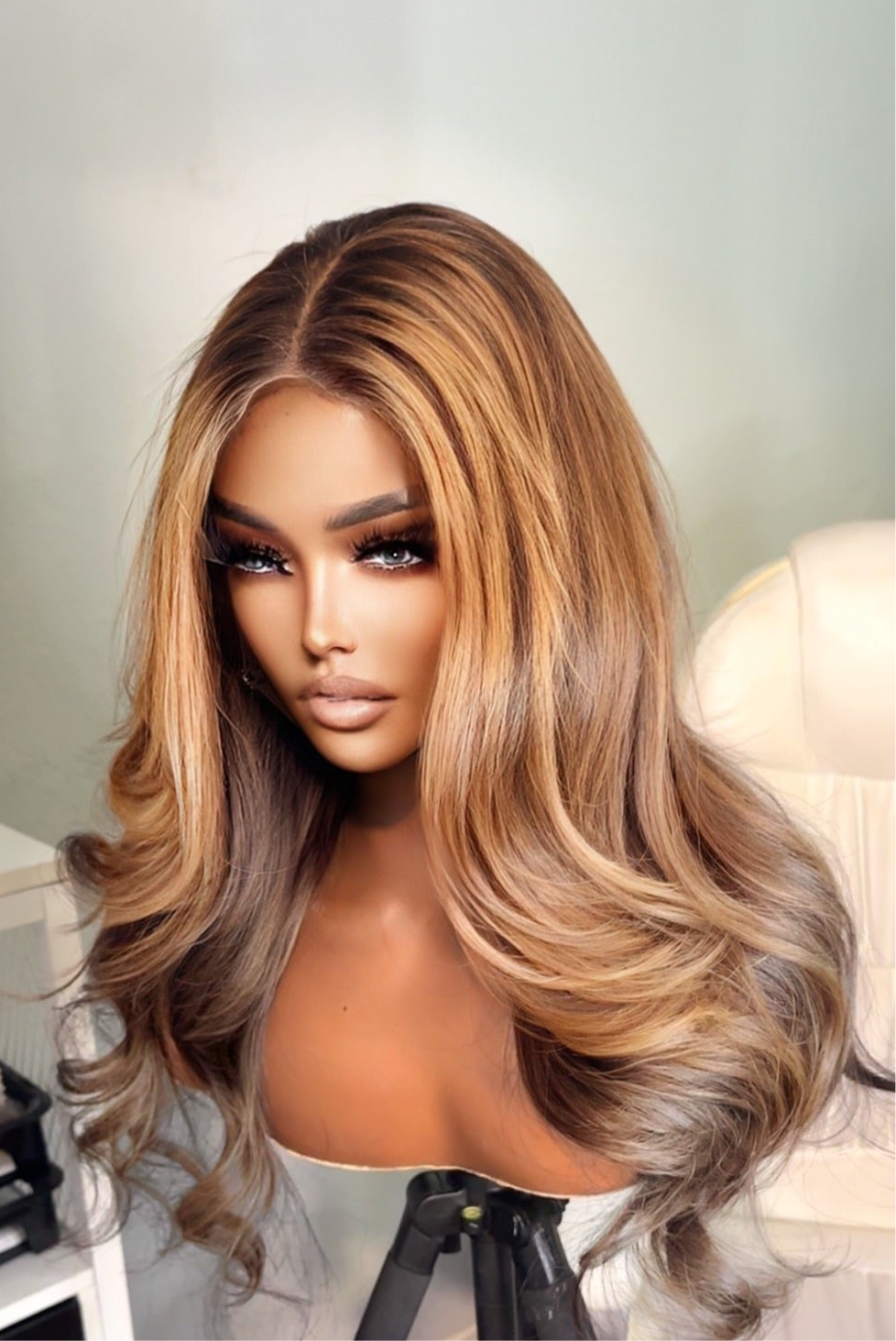 "Amber" Honey Blonde Ombre on Ash Brown Fillipino LAYERED with curtain bangs Lace Wig