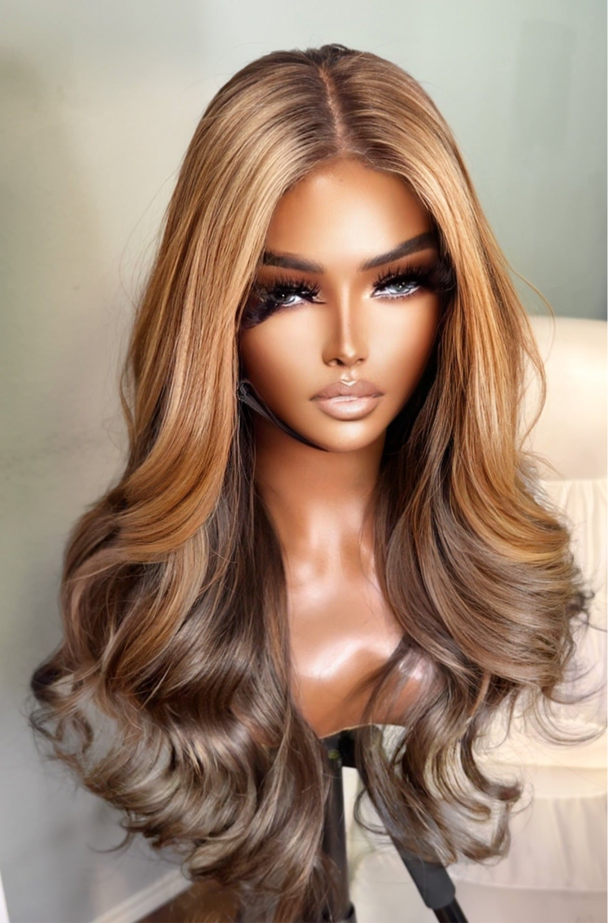 "Amber" Honey Blonde Ombre on Ash Brown Fillipino LAYERED with curtain bangs Lace Wig