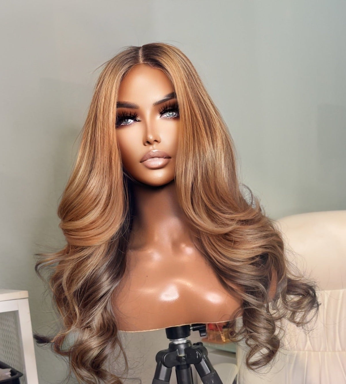 "Amber" Honey Blonde Ombre on Ash Brown Fillipino LAYERED with curtain bangs Lace Wig