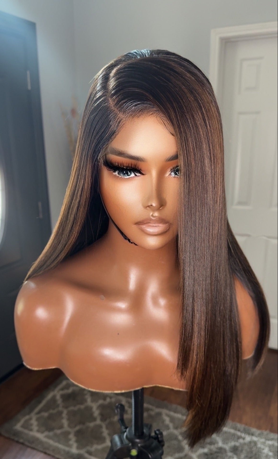 "Felicia" Straight Sleek Glueless Brown Highlighted HD Lace Unit