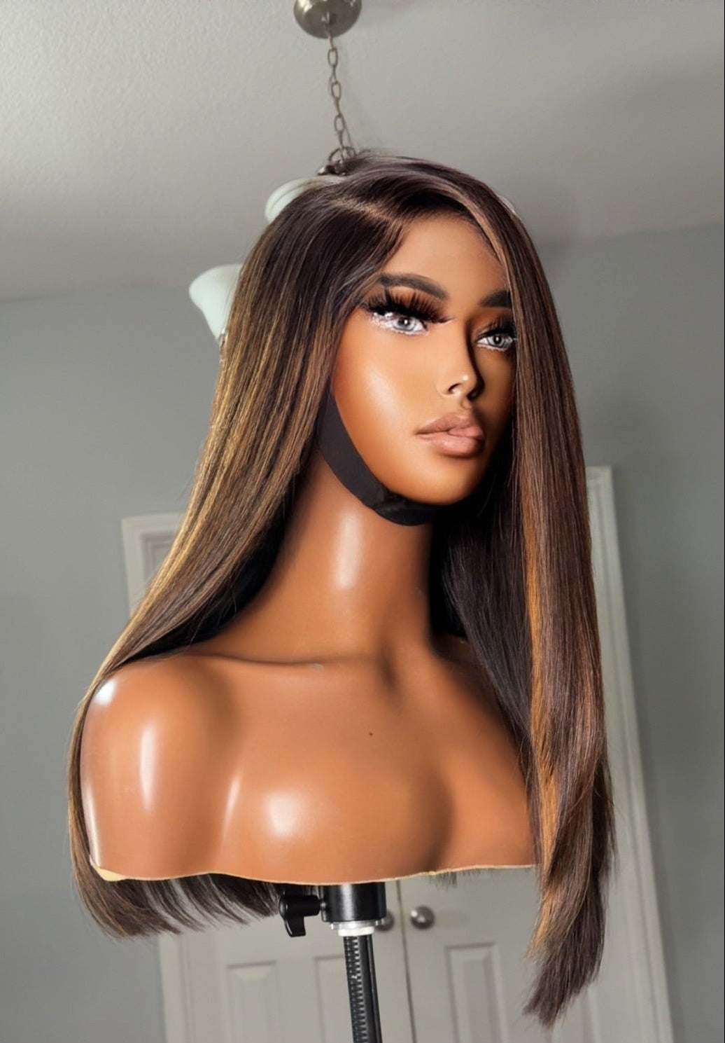 "Felicia" Straight Sleek Glueless Brown Highlighted HD Lace Unit
