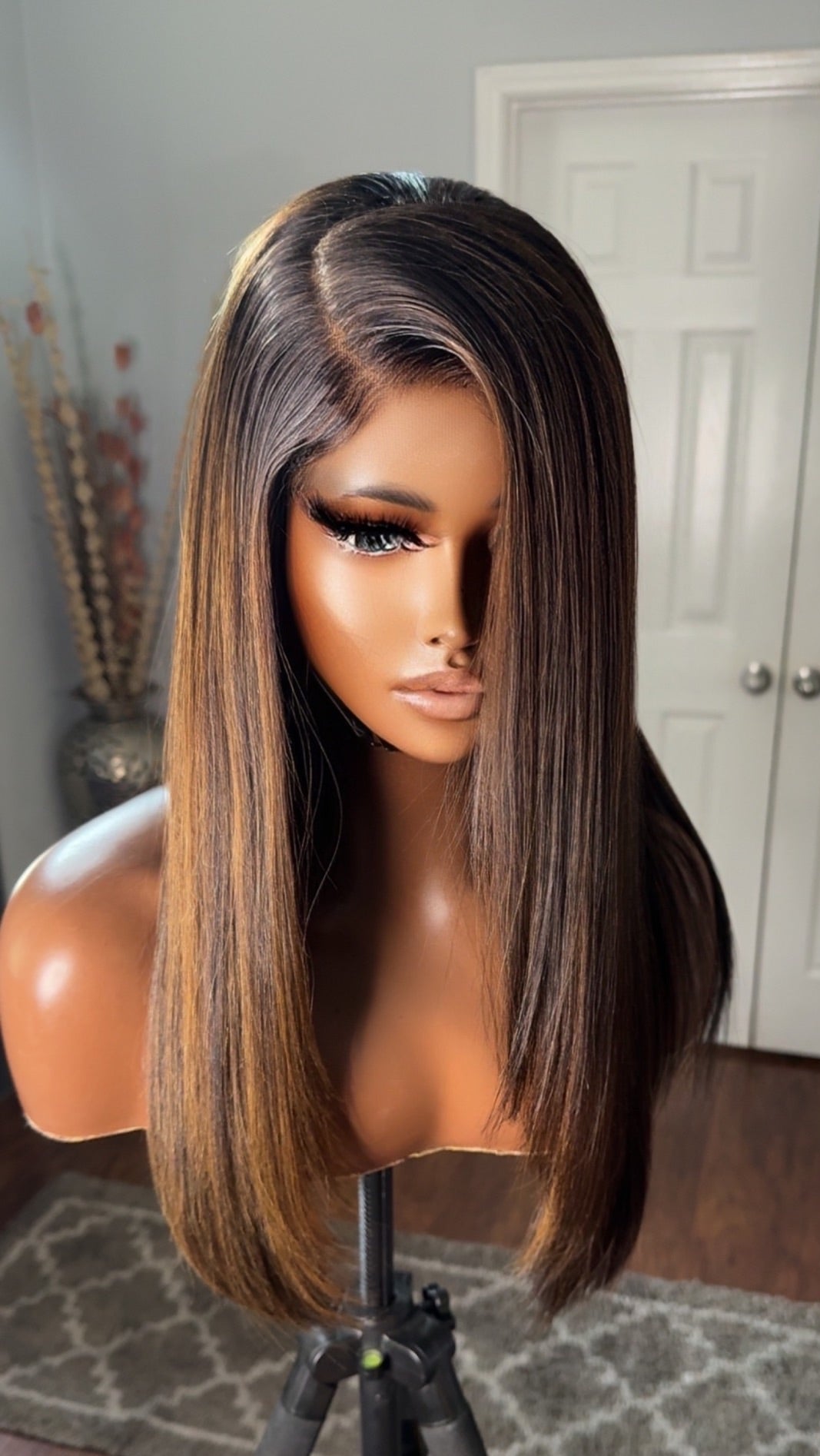 "Felicia" Straight Sleek Glueless Brown Highlighted HD Lace Unit