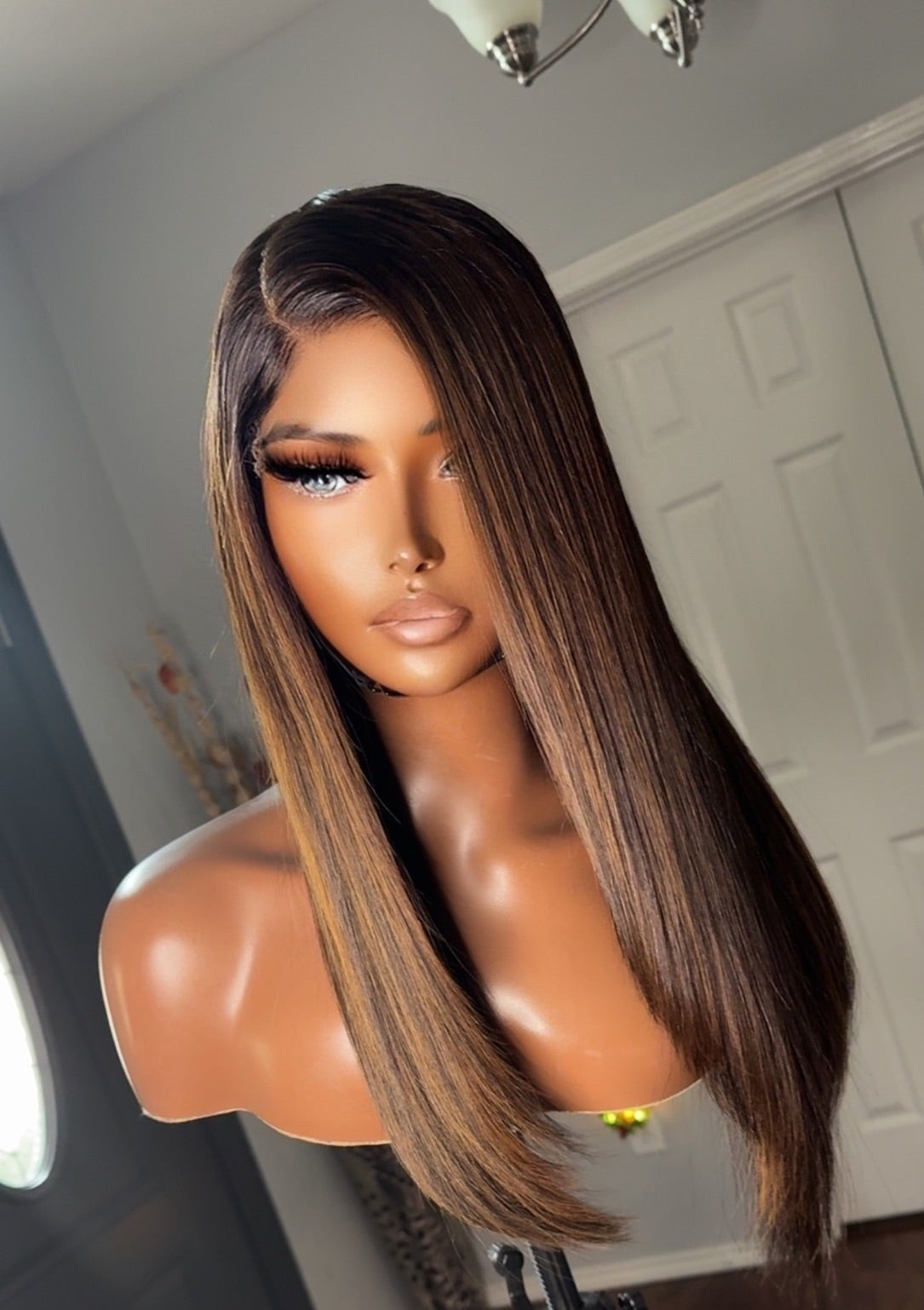 "Felicia" Straight Sleek Glueless Brown Highlighted HD Lace Unit