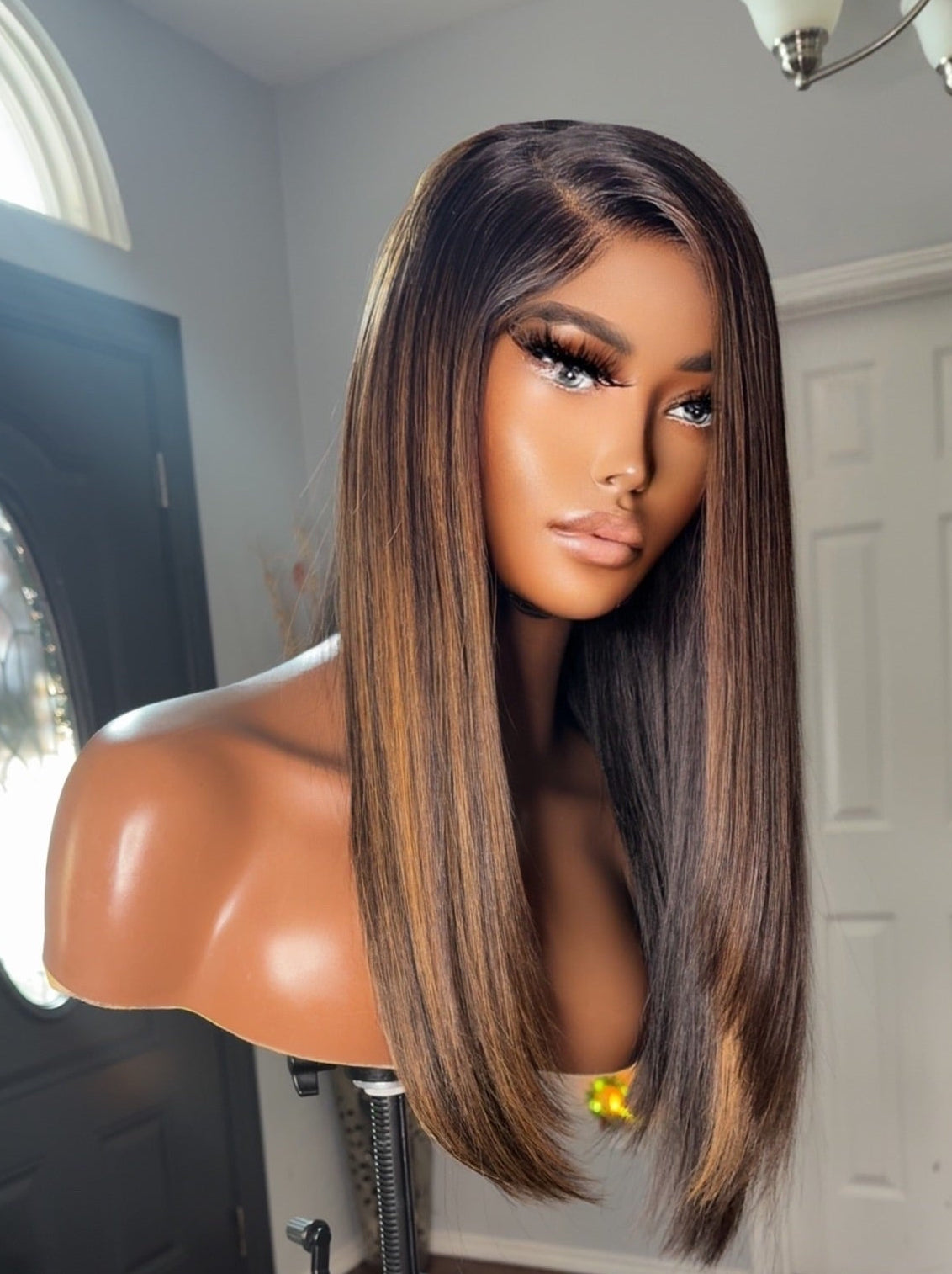 "Felicia" Straight Sleek Glueless Brown Highlighted HD Lace Unit