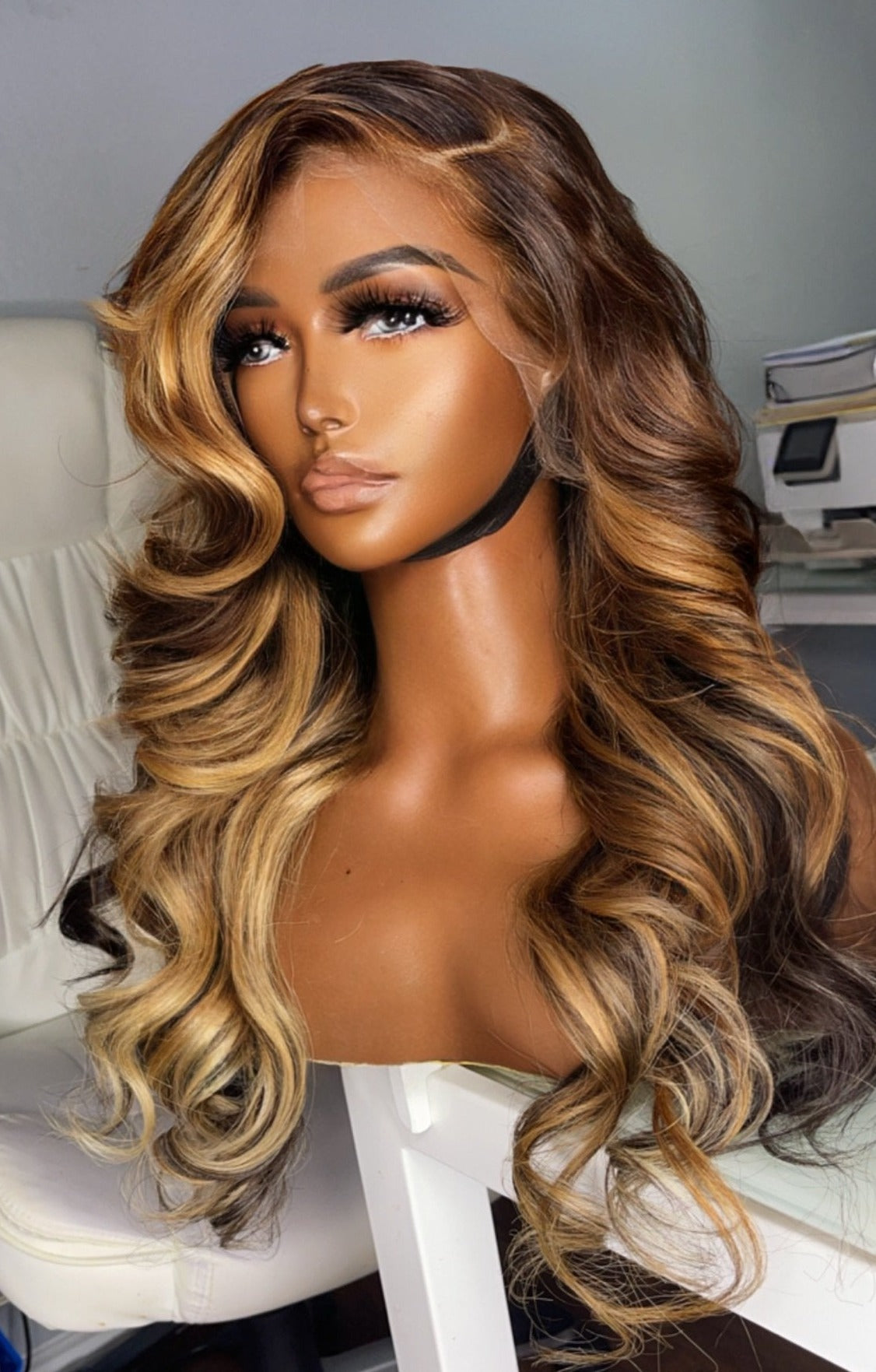 "Charlene" CAMBODIAN Dark Brown with Blonde Highlight GLUELESS HD Lace Wig