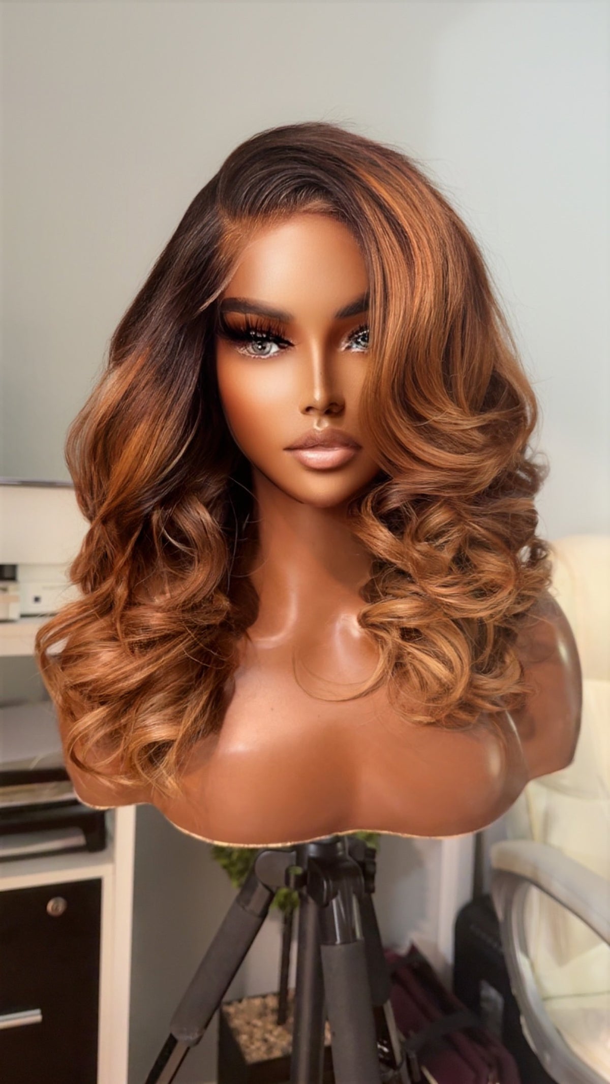 "Zee" CAMBODIAN 2 tone Cinnamon Light Brown tips Ombre GLUELESS Lace Wig