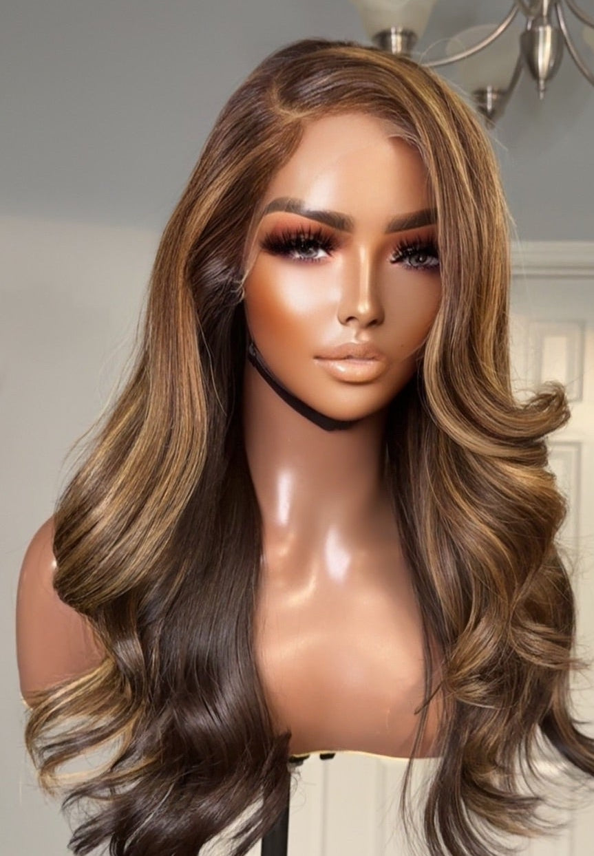 "Lotus" CAMBODIAN Honey Blonde Highlight GLUELESS Lace Wig