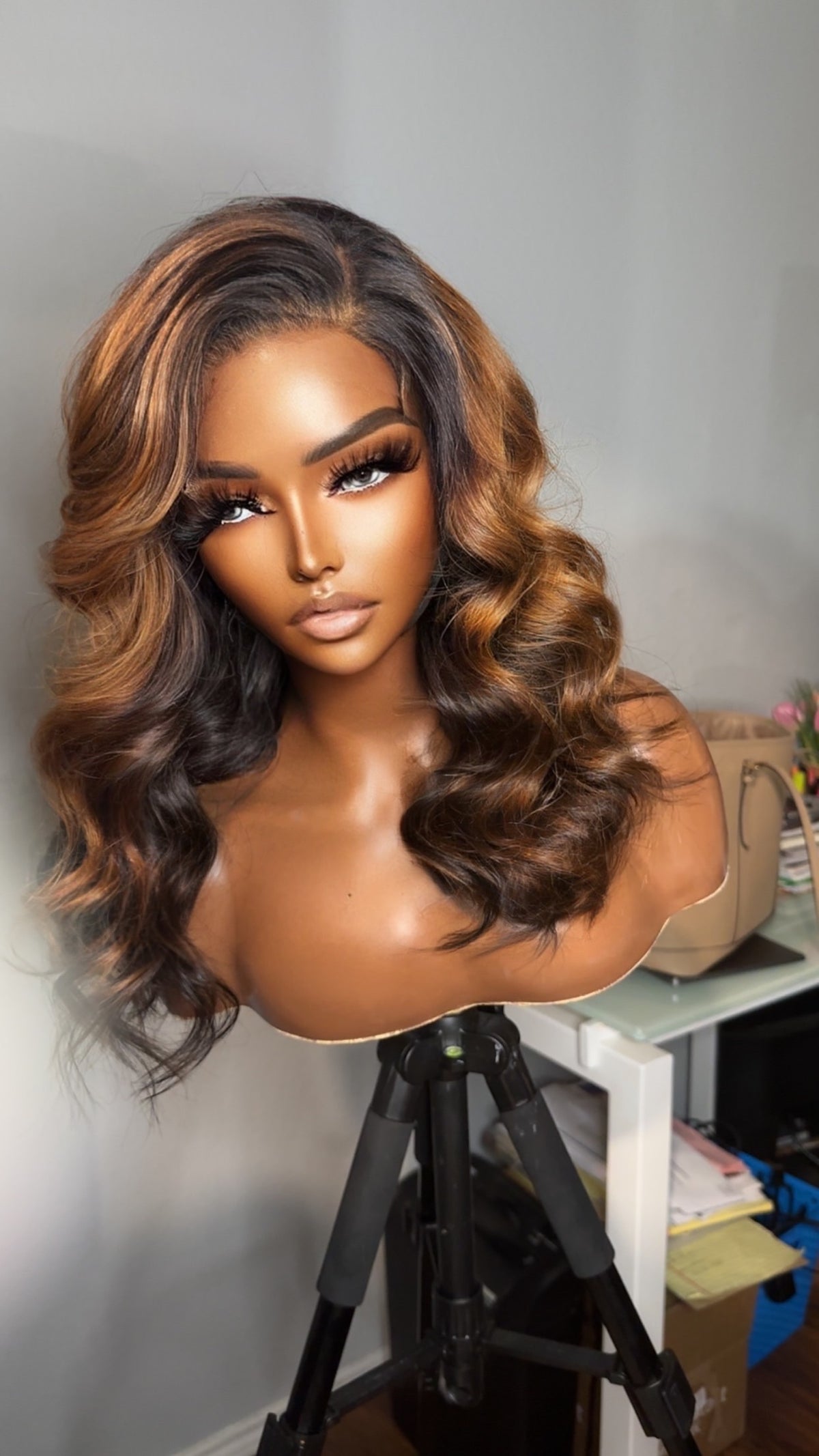 "Jill Scott" CAMBODIAN Cinnamon Brown Ombre GLUELESS Lace Wig