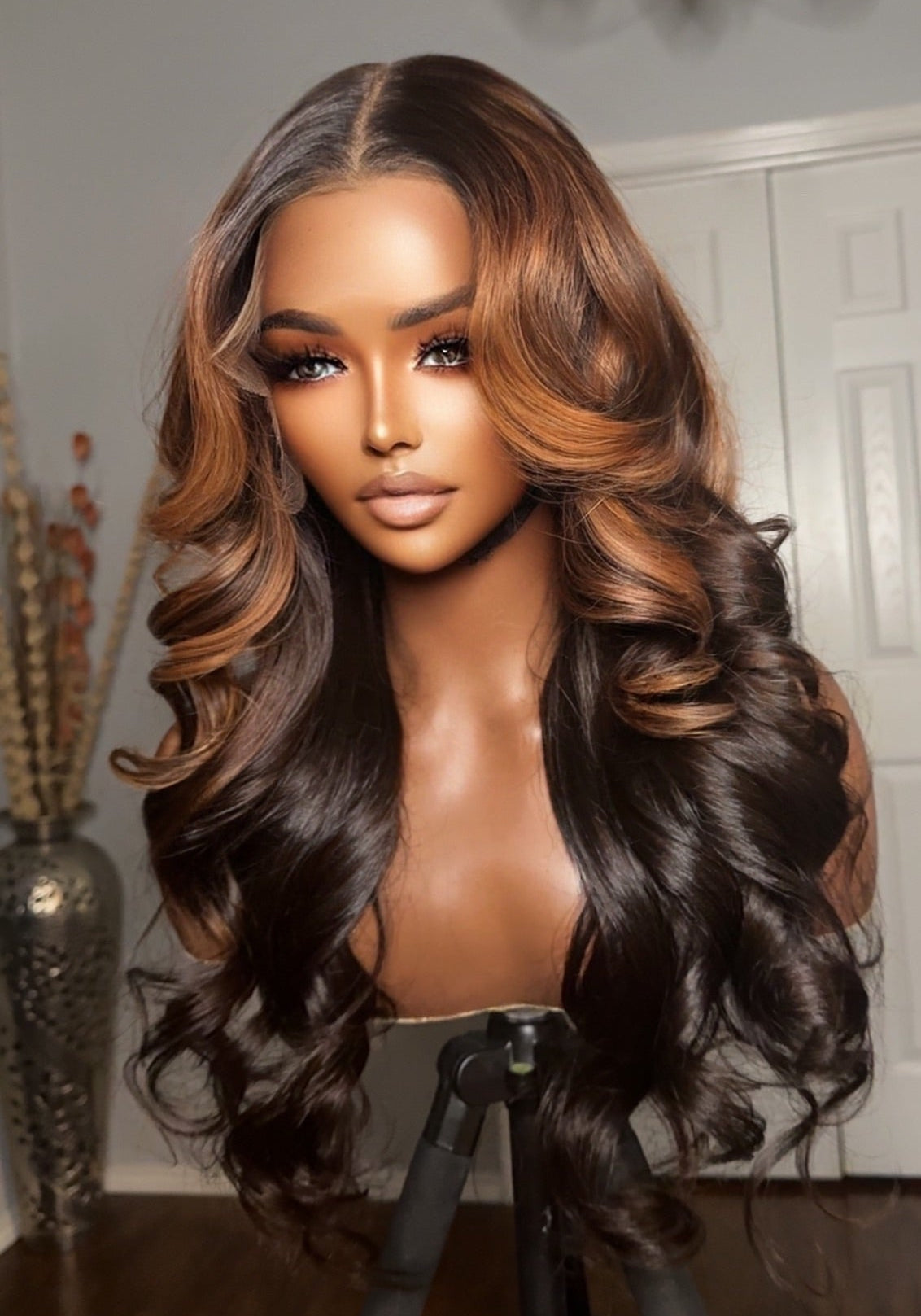 "AMBER" Cambodian Soft Layered Light Brown/Auburn Baylage Highlighted 360 Lace Wig