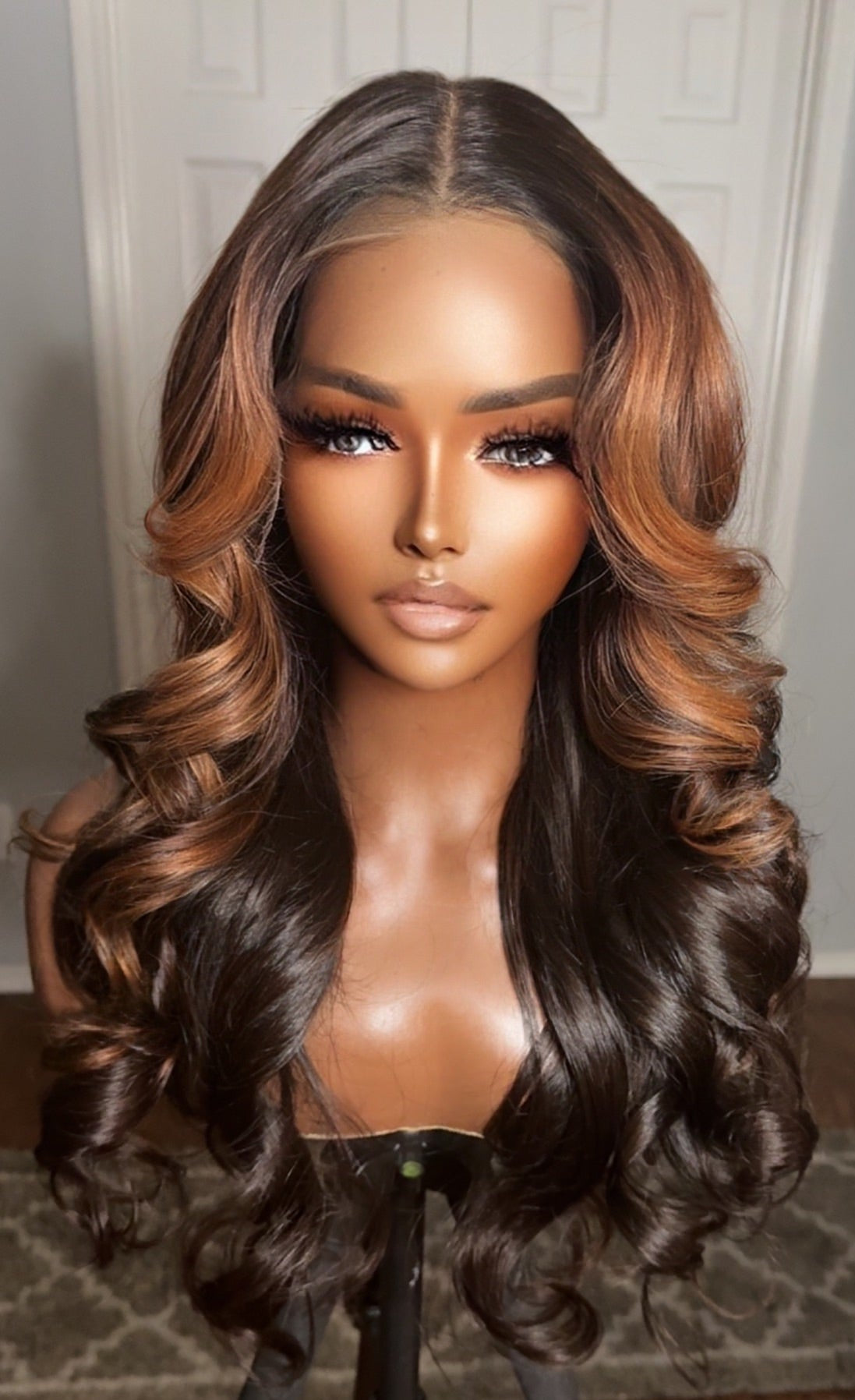 "AMBER" Cambodian Soft Layered Light Brown/Auburn Baylage Highlighted 360 Lace Wig