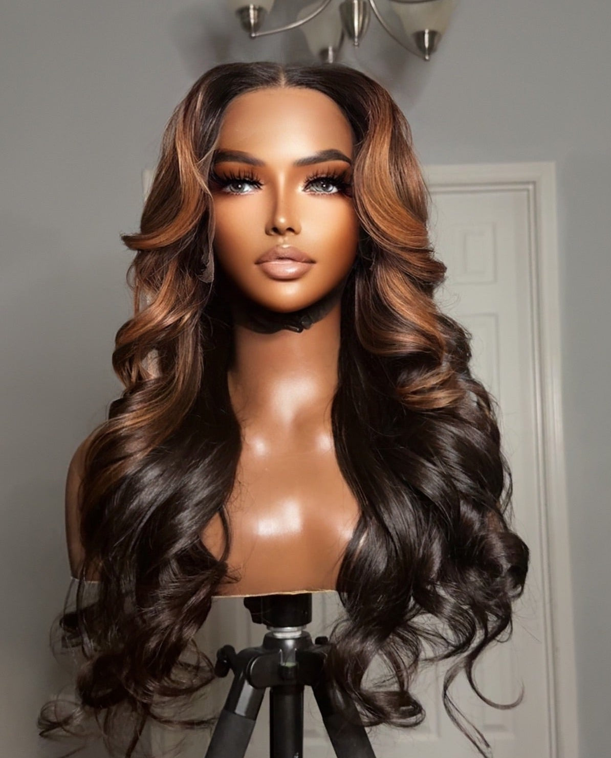 "AMBER" Cambodian Soft Layered Light Brown/Auburn Baylage Highlighted 360 Lace Wig