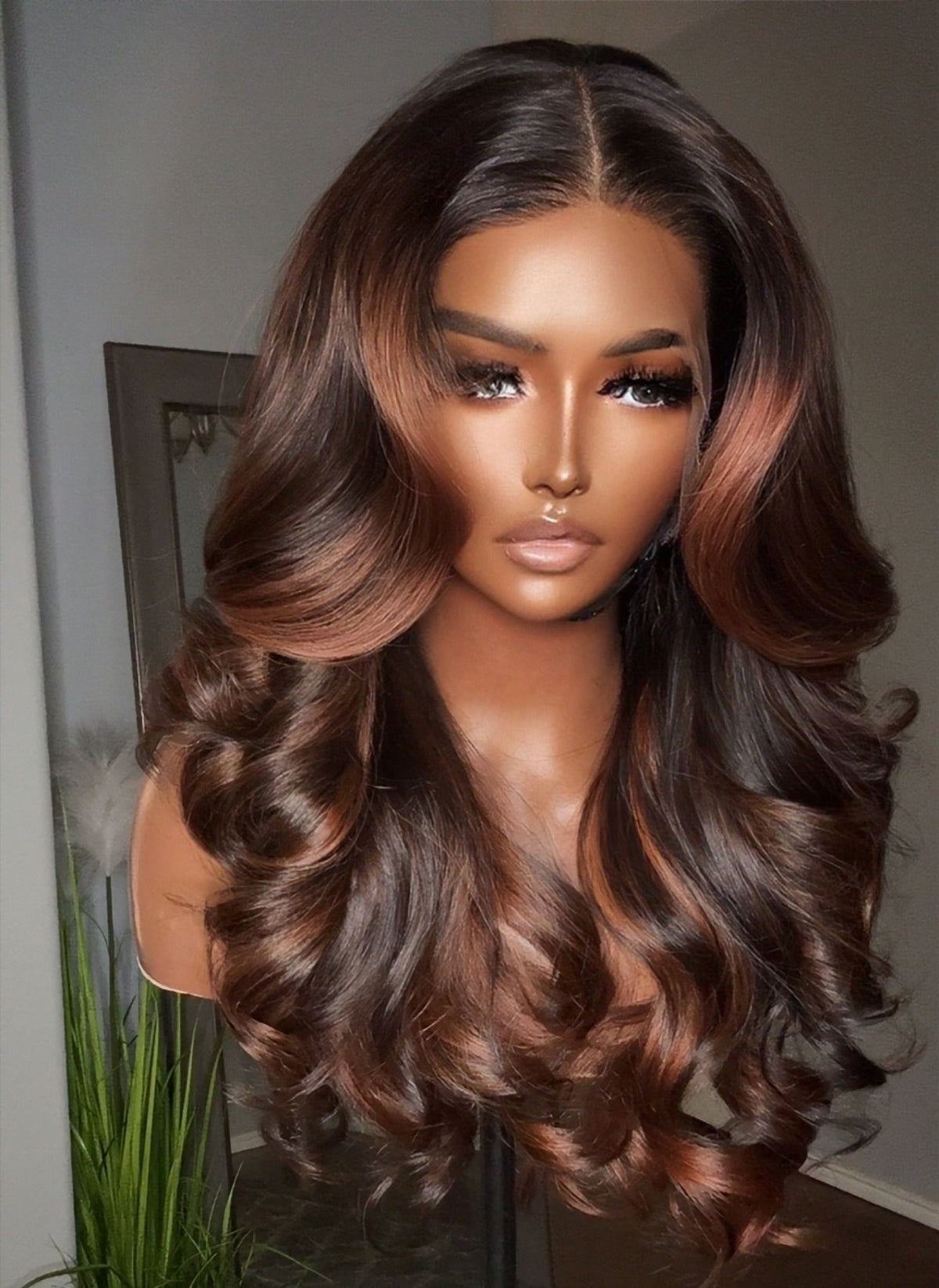 "ALEX" Cambodian Soft Layered Warm Auburn Baylage Lace wig