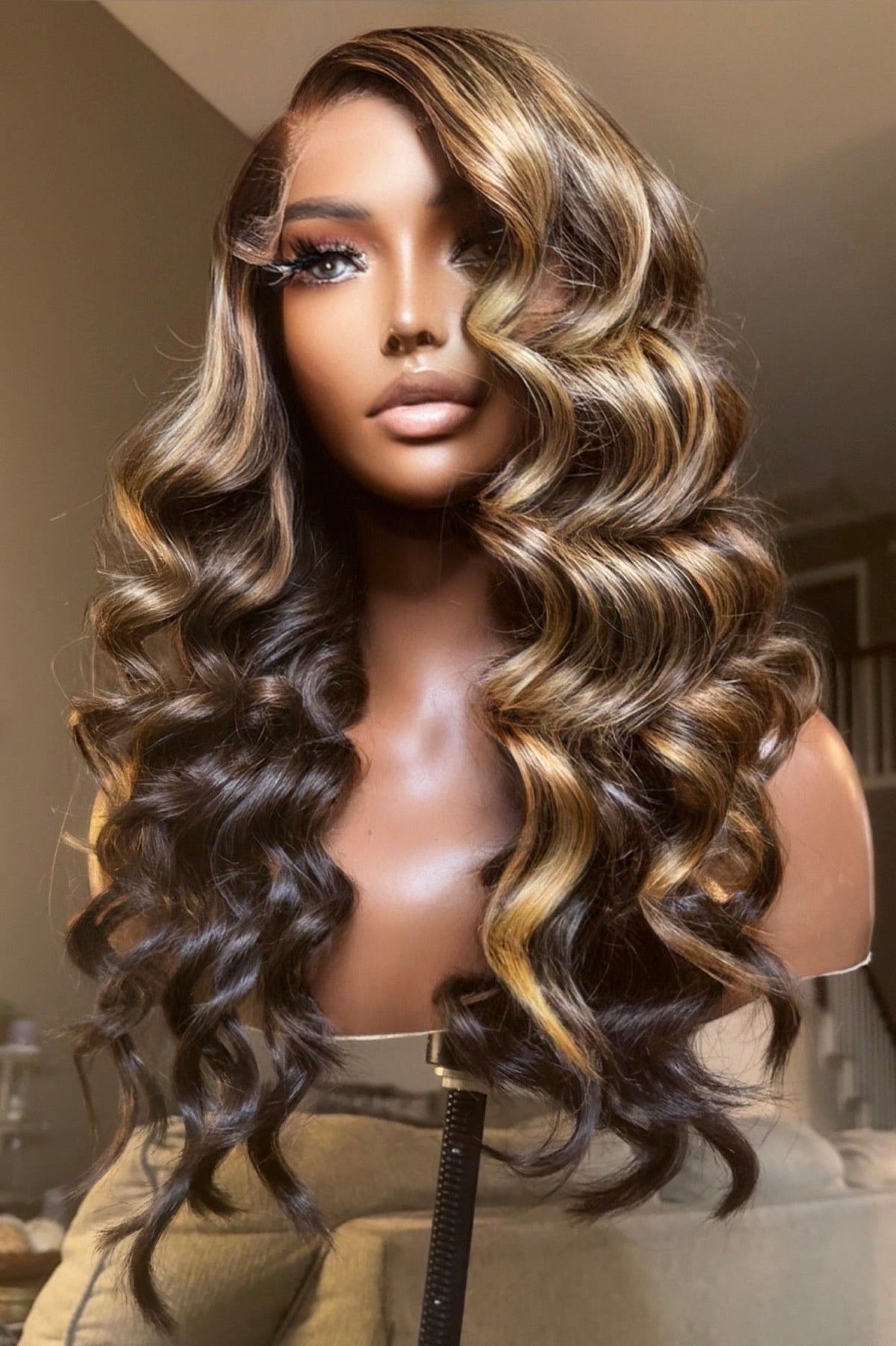 "Cami" Raw CAMBODIAN Blonde/Brown Highlight GLUELESS Lace Wig