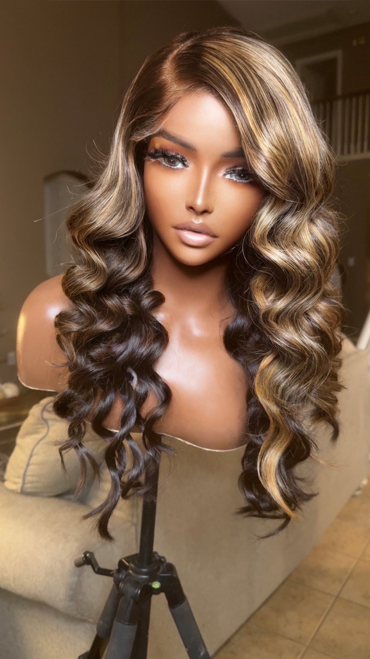 "Cami" Raw CAMBODIAN Blonde/Brown Highlight GLUELESS Lace Wig