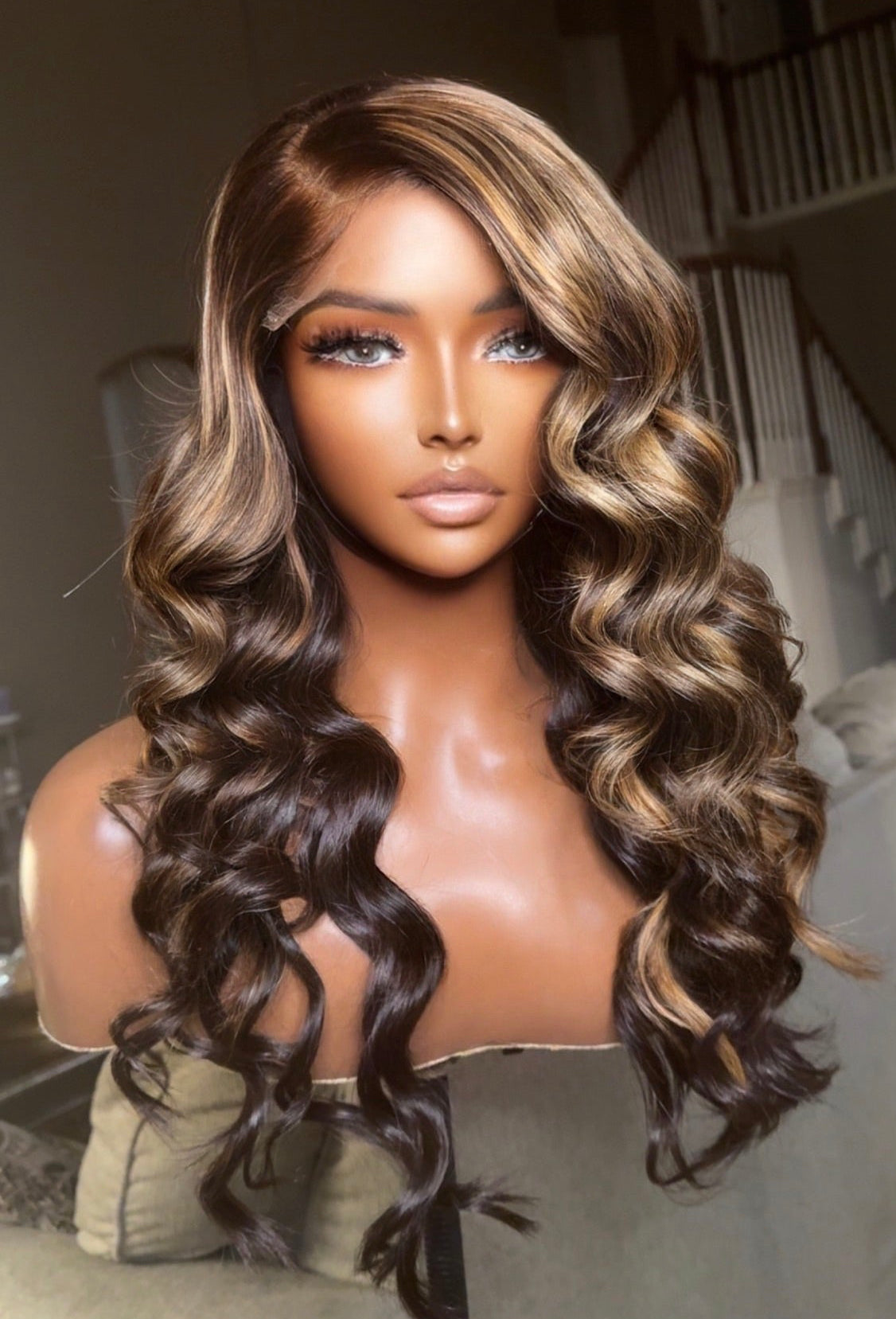 "Cami" Raw CAMBODIAN Blonde/Brown Highlight GLUELESS Lace Wig
