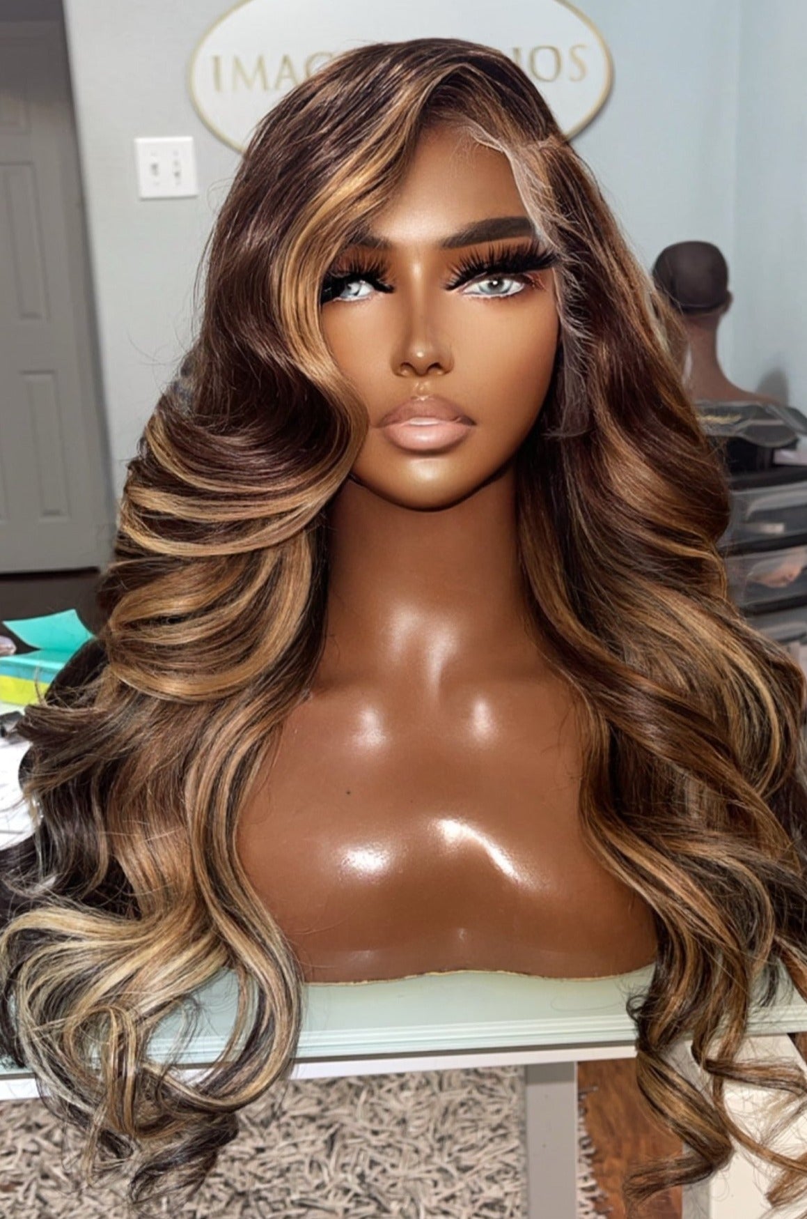 "Charlene" CAMBODIAN Dark Brown with Blonde Highlight GLUELESS HD Lace Wig