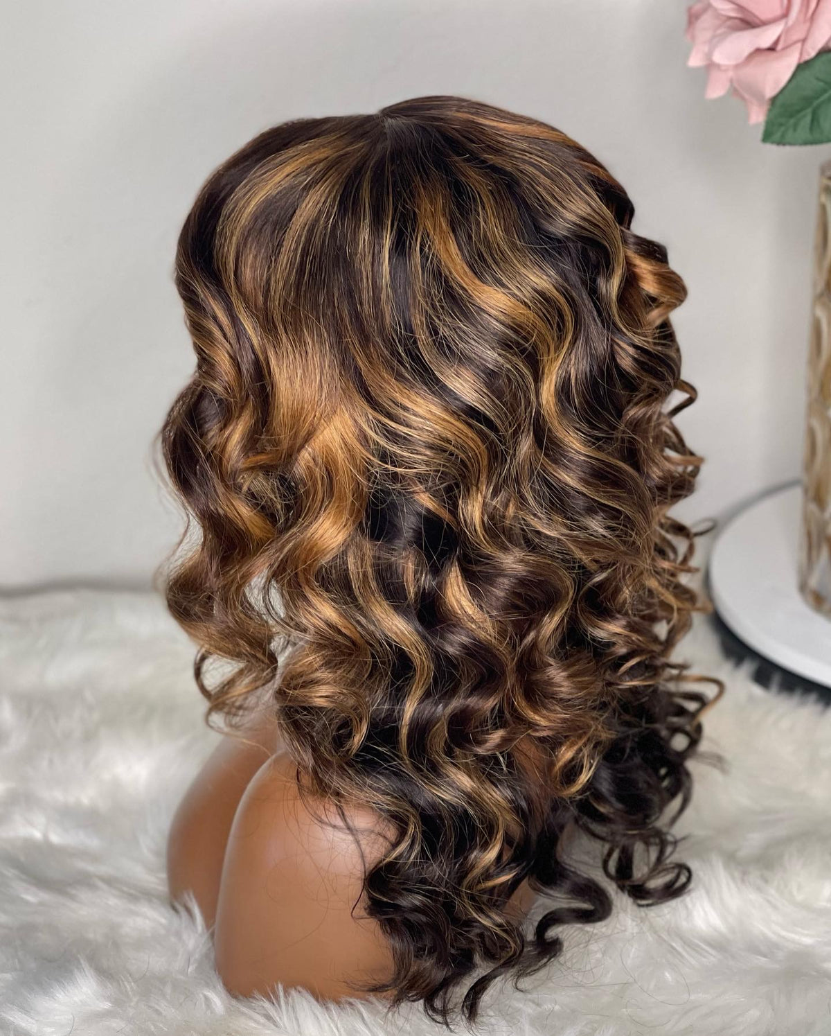 "Asia" CAMBODIAN Dark Brown with Blonde Highlight GLUELESS Lace Wig